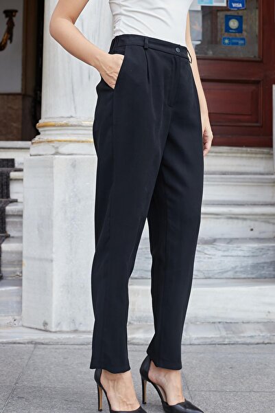 Jument Women's Silky Modal Fabric High Waist Side Pockets Pipe Leg Relaxed Fit Stylish Office Pants-Black