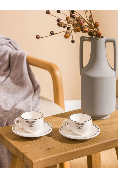 LC Waikiki Lcw Home Ecru Printed Ceramic Coffee Cup Set for 2 Persons 95 ml