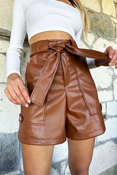VAGGON Women's Tan Faux Leather Shorts with Belt and Double Pockets Prmx10937