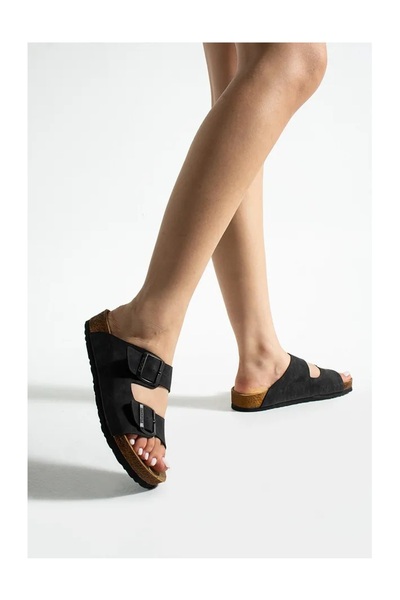 Doreva Black Flexible Double Buckle Faux Leather Comfortable Daily Women's Slippers