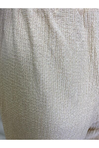 owwon Women's Beige Seersucker Palazzo Trousers with Elastic Waist