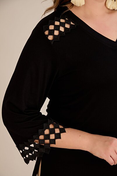Great Fast Women's Plus Size Ponci Shoulder and Sleeve Tip Laser Cut Honeycomb Shape Stylish V-Neck Black Blouse
