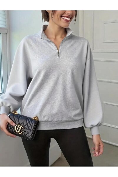 trendgar Γκρι και Navy Blue 2-ΤΕΜΑΧΙΟ Φούτερ με όρθιο γιακά με μισό φερμουάρ oversize unisex