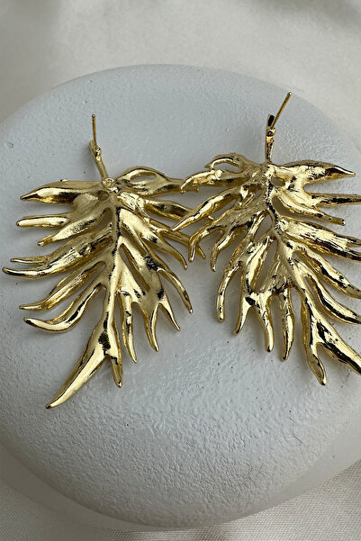 Modex Gold Color Metal Textured Lightweight Studded Leaf Earrings (6cm)