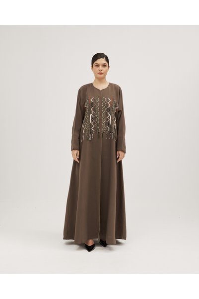 SOROSE SA Olive linen abaya with front embroidery