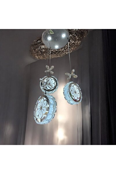 Home Keder 3"lü Led Krom 3Renk (Beyaz Sarı Ve Gun Işığı)Modren Led Kelebek Taşli Avize