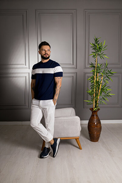 Sarar Συνέντευξη 0 Yaka Rayon Λεπτό Πλεκτό Ναυτικό Μπλουζάκι