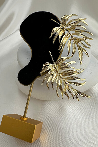 Modex Gold Color Metal Textured Lightweight Studded Leaf Earrings (6cm)