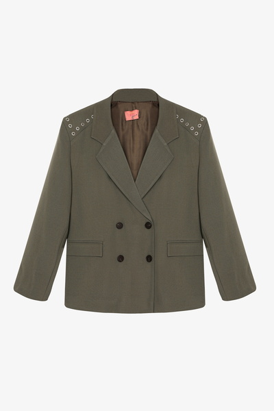 Quzu Bird's Eye Detailed Double Button Oversize Blazer Jacket Khaki