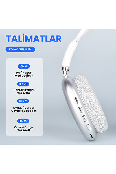 Lapas P10 Hi-Fi Ses Kalitesi Ayarlanabilir ve Katlanabilir Kulak Üstü Bluetooth Kulaklık Gümüş