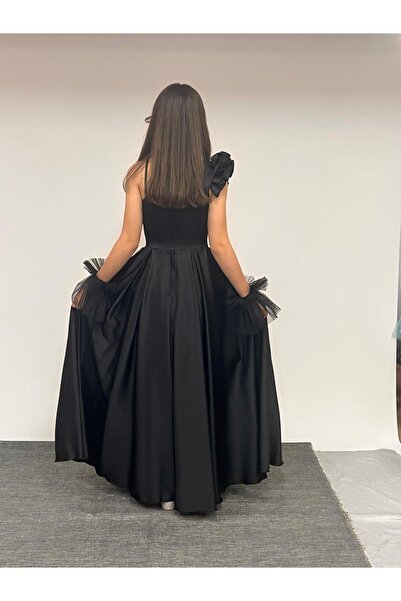 BUTİKHAPPYKİDS Kız Çocuk Abiye Saten Siyah Tek Omuz Farbalı Tül ve Taş Detaylı Eldivenli Abiye Elbise 10-15 Yaş