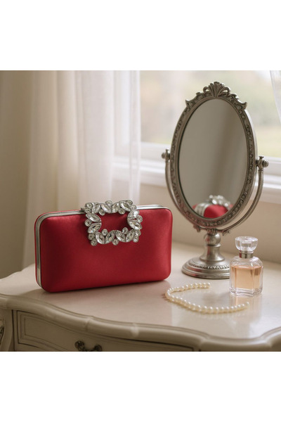 Butik Beyabags Satin Hand Bag with Stone Buckle Detail for Evening Dress