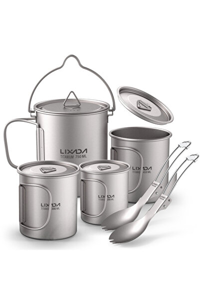 Choice مجموعة من 6 أكواب وأواني من التيتانيوم من ليكسادا، طقم أدوات مائدة للتخييم الخارجي، وعاء تيتانيوم 750 مل، كوب ماء 350 مل مع لي