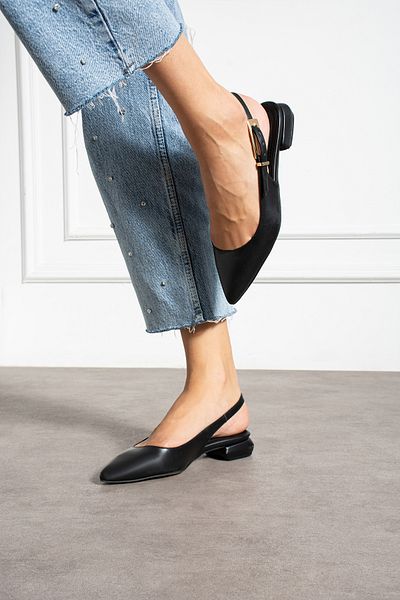 Güllü Shoes Black Vegan Slingback Ballerinas – Pointed Toe, Low Heel, Adjustable Buckle Strap