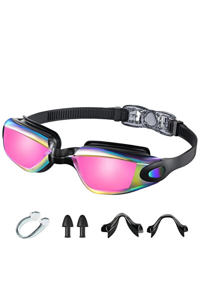 Choice نظارات سباحة عالية الدقة مضادة للضباب بعدسات سوداء وردية اللون + سدادا...