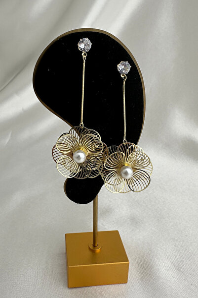 Modex Gold Color Pearl Detail Dangle Double Sided Wire Clover Earrings (7cm)