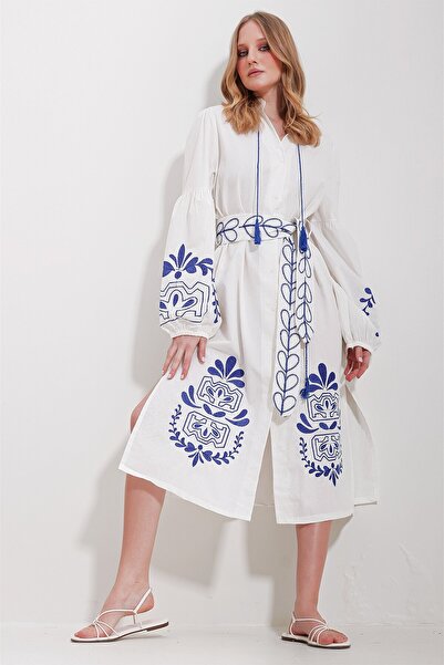 VAGGON Women's White Judge Collar Belted Double Slit Linen Dress Prmx11570