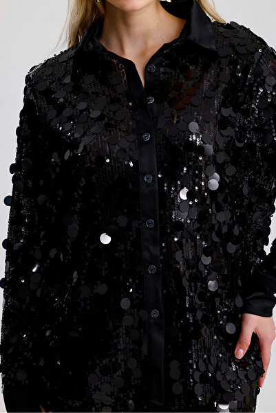 Sense Satin Garnished Sequin Detailed Sequin Evening Dress Shirt |   Gml36395 Black