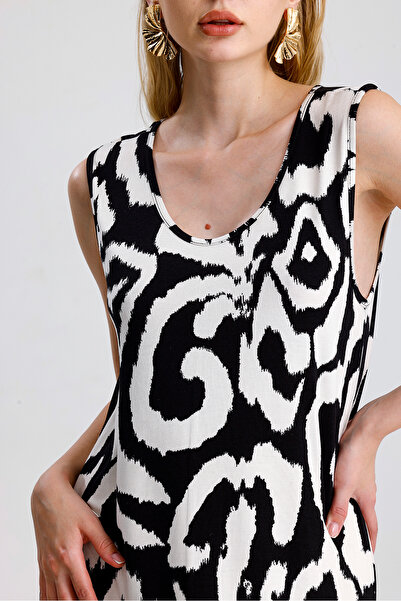 Sense Sleeveless Printed Midi Viscose Dress | Elb35852 Ecru-Black