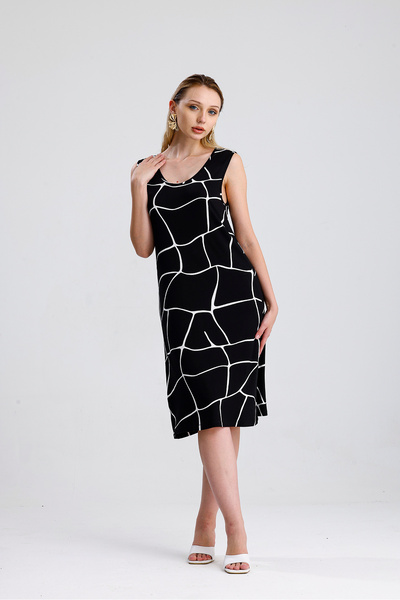 Sense Sleeveless Printed Midi Viscose Dress |   Elb35852 Black Ecru Square Pattern