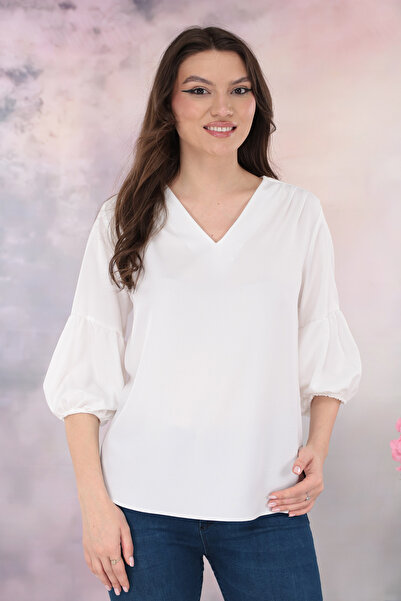 Trend Land Bluza office alba cu maneci bufante