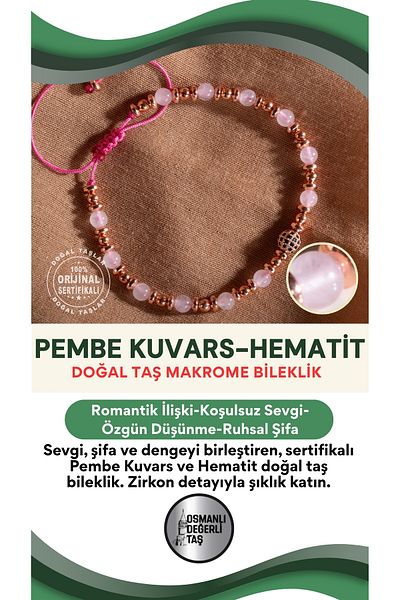 OSMANLI DEĞERLİ TAŞ Certified Pink Quartz-Hematite Natural Stone Zircon Apparatus Macrame Adjustable Bracelet