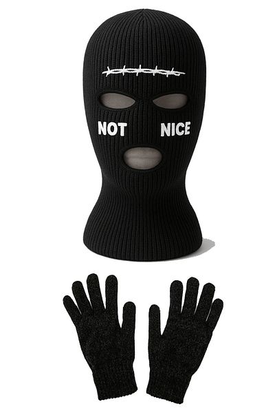 Belifanti Collection Barbed Wire Note Nice Embroidered Knitted Unisex Balaclava Knitted Gloves Set Black