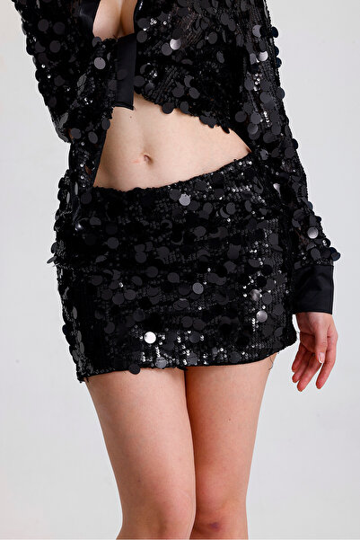 Sense Lined Sequin Detailed Evening Dress Sequin Mini Skirt |   Etk36397 Black