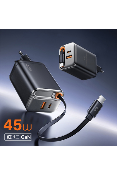 WIWU Wi-G021 Helix Serisi GaN Teknolojili USB-A to Type-C PD 45W Type-C Kablolu Şarj Seti Siyah