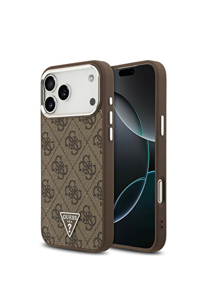 Guess iPhone 17 Pro Max Kılıf Lisanslı M-safe Şarjlı Gold Kamera Çerçeveli Taşlı Üçgen Logo Kahve