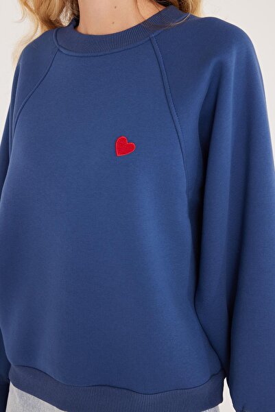 Tudors Kadın Regular Fit Klasik Kesim %100 Pamuk Baskılı Bisiklet Yaka Lacivert Sweatshirt