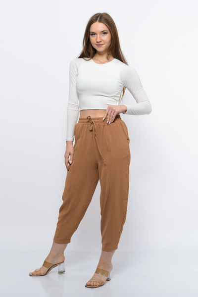BEHALLE Thin Women's Summer Casual High Waist Loose Cotton Slouchy Fit Basic Elastic Waist Ankle Length Pants
