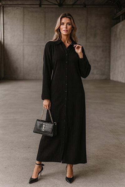 Mivoon Bürümcük Kumaş Gömlek Yaka Boydan Düğmeli Uzun Elbise Tesettüre Uygun 2XL 6XL