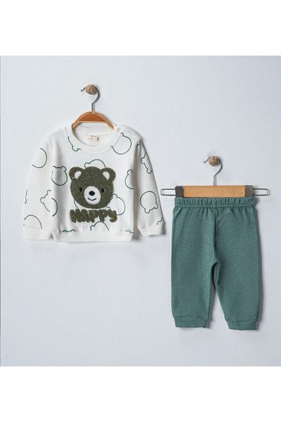 ruhaay Cute Teddy Bear Punch Embroidered Printed Long Sleeve Waffle Fabric Bottom Top Monthly Baby Set