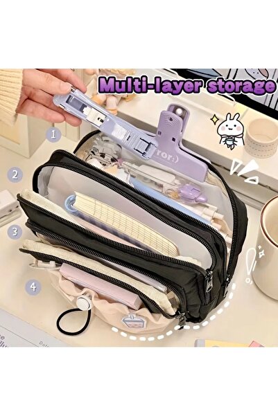 Kawaii Best Day Θήκη για στυλό μεγάλης χωρητικότητας με 3 θήκες, χαριτωμένη μαύρη