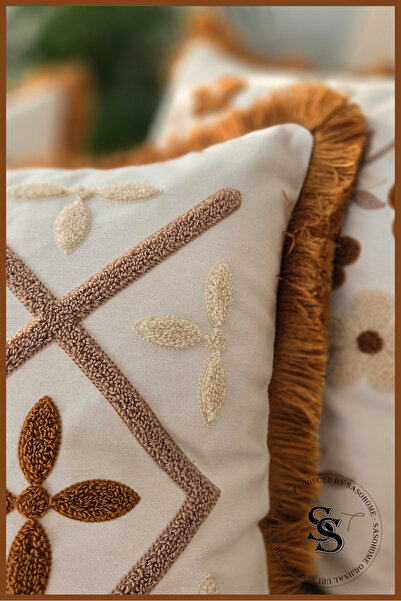 SasoHome Beauty Flowers Punch Embroidery Patterned Linen Throw Pillow Cover