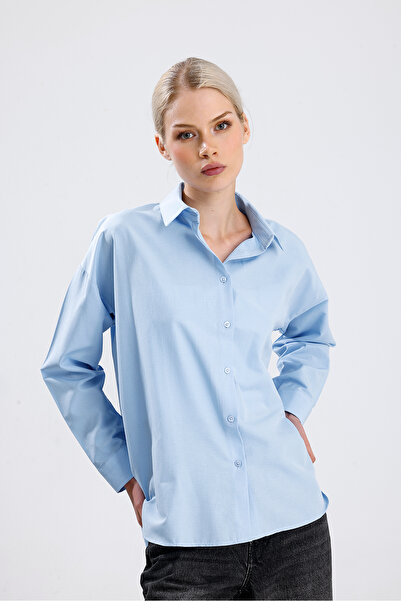 nikka Kadın Mavi Oversize Uzun Basic Gömlek