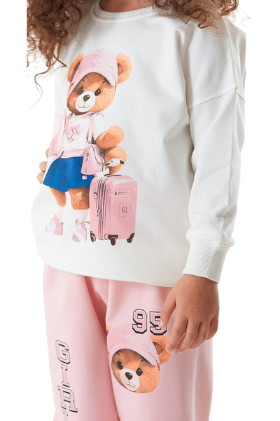 İrem Çocuk Giyim Girl's Teddy Bear Text Patterned Ecru Color Tracksuit Set