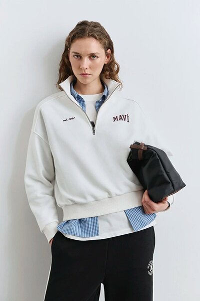 Mavi Logo Printed Semi-Zip Ecru Sweatshirt 1S10373-70057