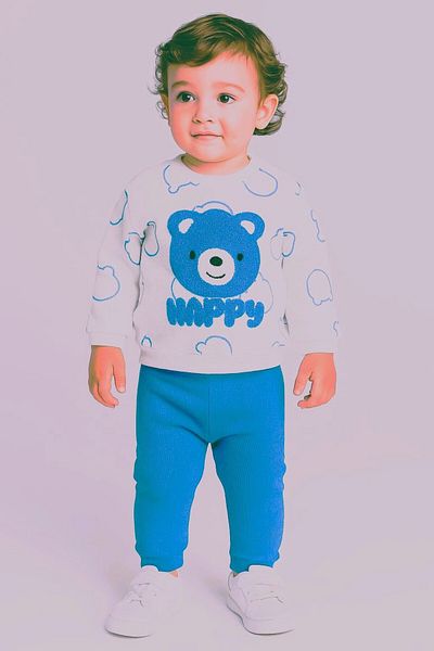 ruhaay Cute Teddy Bear Punch Embroidered Printed Long Sleeve Waffle Fabric Bottom Top Monthly Baby Set
