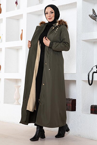 Missvalle Παλτό με κουκούλα με ραβδώσεις χακί 15500