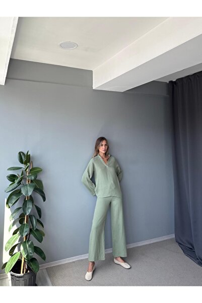 AlisaSu Double Breasted Lapel Spanish Sleeve Blouse Lace-Up Trousers Linen Suit