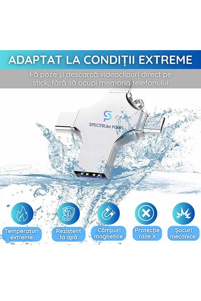 SpectrumPoint tick USB 128 GB, 4-in-1 USB 3.0+Type-C+MicroUSB+Lightning, Compatible with Android, iPhone, Laptop, Silver