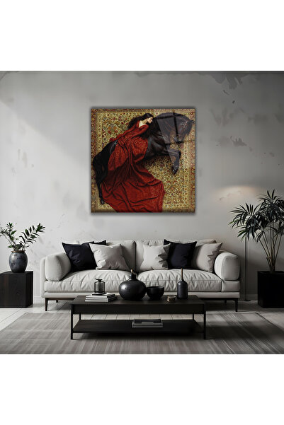 BestSanat Kırmızı Elbiseli Kadın ve Siyah At Oryantal Halı Desenli Cam Tablo