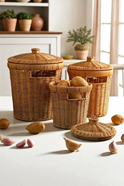 KaiHome 3’lü Rattan Patates Soğan Sarımsak Sepeti Seti – Kapaklı Dekoratif Se...