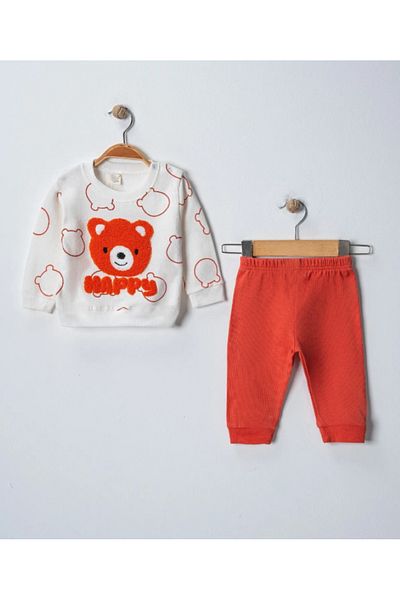 ruhaay Cute Teddy Bear Punch Embroidered Printed Long Sleeve Waffle Fabric Bottom Top Monthly Baby Set
