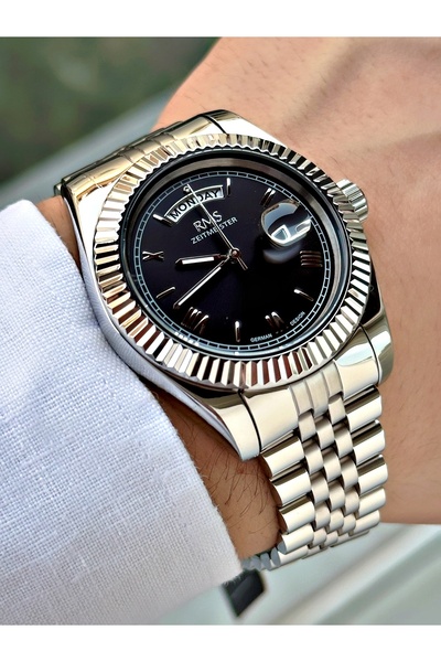 Romanson Silver-Black Color Steel Cord Steel Case Men's Wrist Watch with Calendar 1349.05Mr