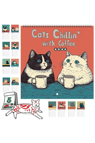 Choice coffee 2025 Cat Calendar- Cats Chillin' with Coffee Handmade 12 Monthly Cats Wall Calendar 2025 Pla