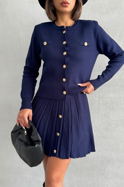 Lusin Women's Navy Blue Button Detailed Cardigan Skirt Double Knitwear Suit S/M (New Color)