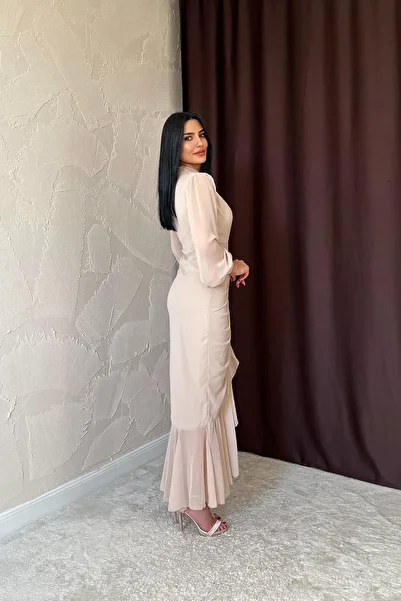 369 etnik butik Chiffon Long Evening Dress with Gathered Front and Flounces